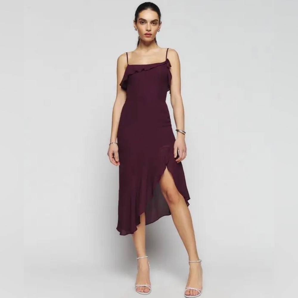 Reformation Liana asymmetrical dress in prune. Size 0